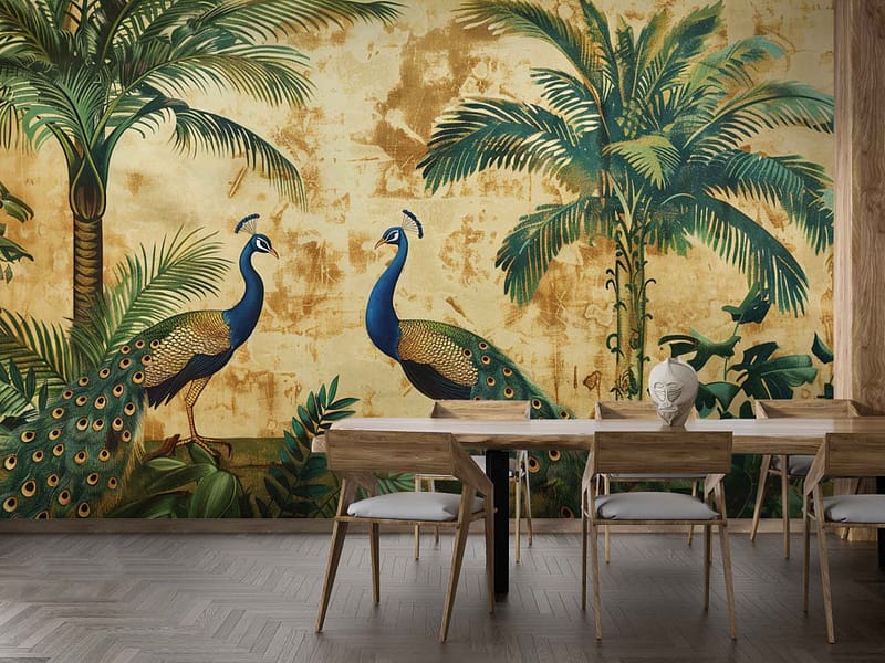 The wallpaper in the luxurious dining room showcases a mural of two peacocks playing amid lush tropical foliage. The background is gold-toned, enhancing the rich and opulent feel. The peacocks are depicted with iridescent feathers in shades of blue and green, while the surrounding foliage includes vibrant greens with hints of exotic flowers in subtle reds, yellows, and purples.