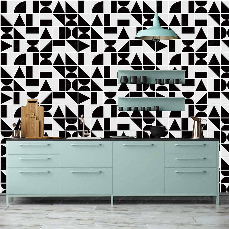 The wallpaper above the sink features a striking geometric pattern in black and white. The design includes bold, angular shapes that create an eye-catching visual effect perfect for a modern kitchen setting.