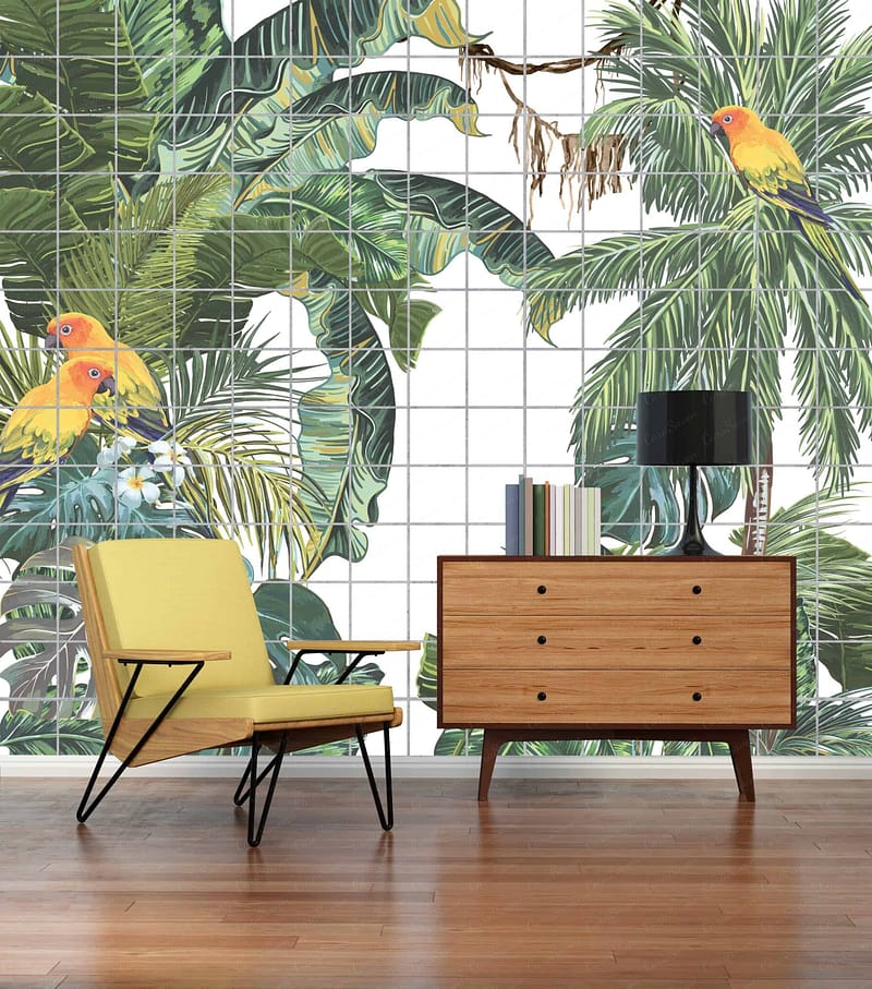 A large wall mural featuring lush Sub Tropicana foliage in vibrant greens, with bright, multicolored parrots in vivid reds, blues, and yellows. Rich botanical elements and tropical bird designs dominate the wallpaper's landscape.