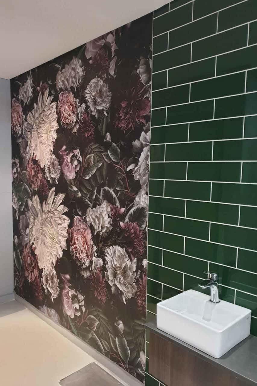 Bold floral mural, large blossoms, shades of white, pink, maroon.