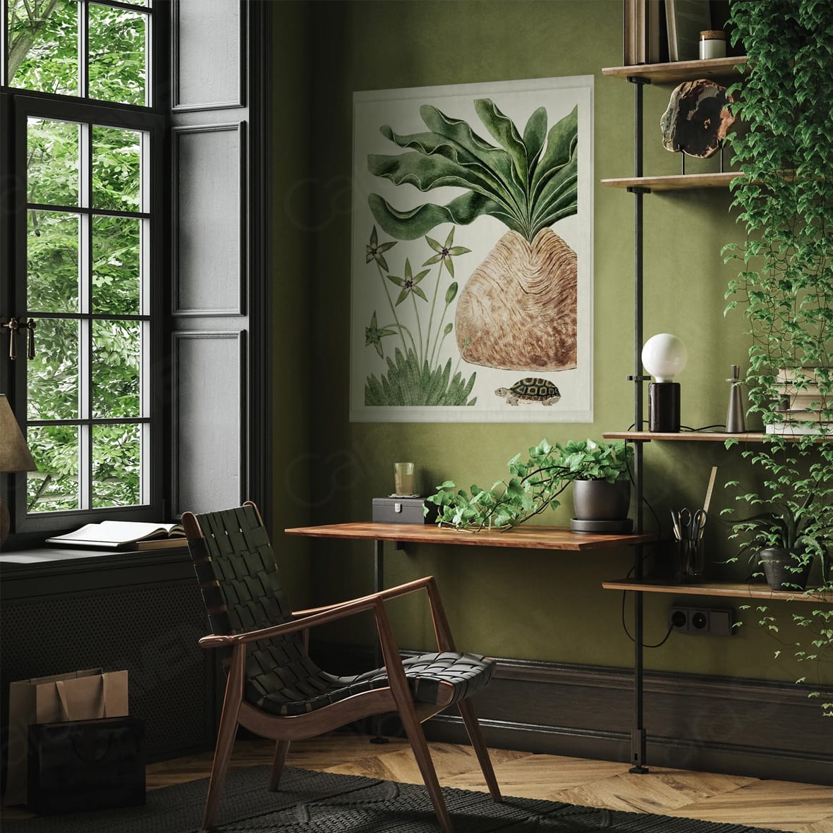 Green Cara Saven customised wallpaper featuring lush botanical patterns, overlapping leafy motifs, and subtle watercolor textures. Shades of emerald, soft sage, olive greens, and hints of ivory create a vibrant yet calming backdrop inspired by nature.