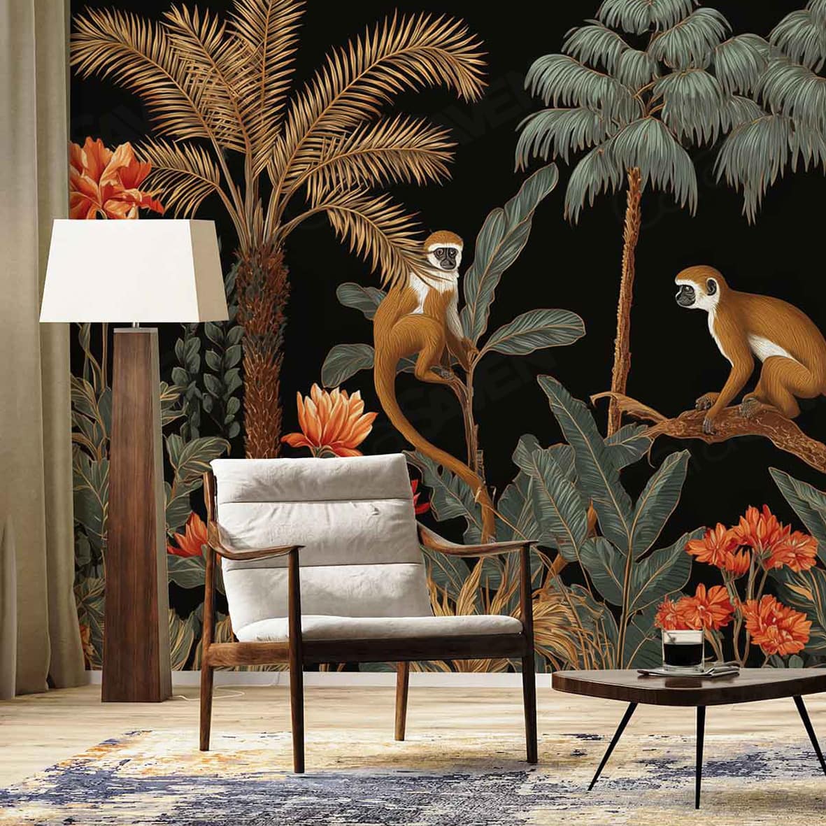 The wallpaper features palm trees, large tropical leaves, vibrant orange flowers, and two playful monkeys. Colors include lush greens, bold oranges, earthy browns, and natural tones throughout the design.