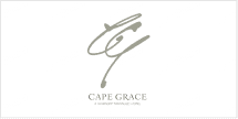**Cape Grace Logo Design:**
- **Initials:** "CG" in elegant, stylized cursive.
- **Font Style:** Timeless carousel charm.
- **Color Palette:** Gold and deep navy blue for initials; black or charcoal grey for text.
- **Text:** "Cape Grace - A Signature Landmark Hotel."
- **Background Color:** Crisp white.