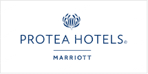 The wallpaper of the Protea Hotels by Marriott logo features a sophisticated blue stylized protea flower above bold blue text, "Protea Hotels" and "Marriott," exuding elegance and style.