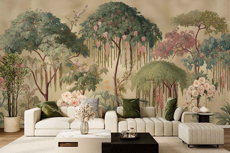 Wall mural featuring lush green trees and colorful flowers, displaying shades of green, beige, and soft pastels in a detailed, nature-inspired design.