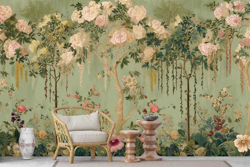 Green wallpaper with large, detailed floral and tree motifs in a lush botanical pattern, featuring various shades of green and naturalistic flower designs.