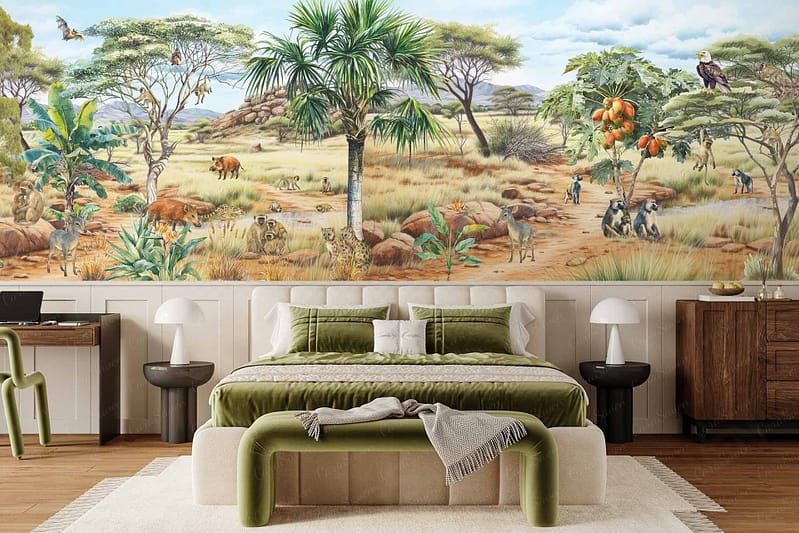 Colorful wallpaper mural depicts an African savanna with lush green trees, tan grasses, various animals, and vibrant birds on a beige background, creating a lively nature scene.