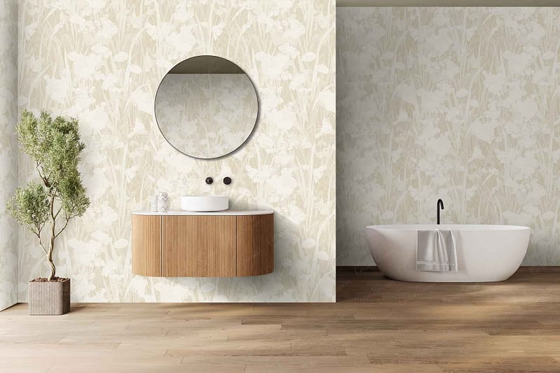 Sunny floral wallpaper featuring bright yellow flowers and green leaves on a light background, adding a vibrant touch to the minimalist bathroom.