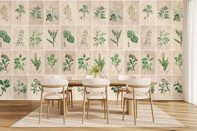 Wallpaper featuring botanical illustrations of various green plants arranged in a neat grid pattern, showcasing different shades of green foliage and fine botanical details.