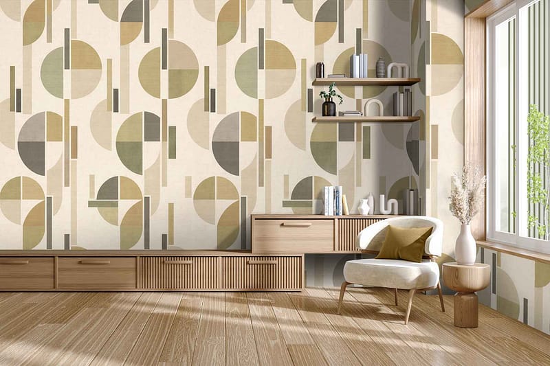 Geometric-patterned wallpaper in neutral tones, featuring repeating shapes and lines in soft beige, gray, and cream hues. The modern design’s subtle color palette creates a sophisticated backdrop for the room.