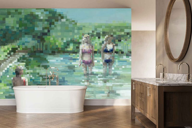 Pixelated mural wallpaper depicts people wading in water, surrounded by green foliage and outdoor scenery; dominant colors include shades of blue, green, and muted earth tones.