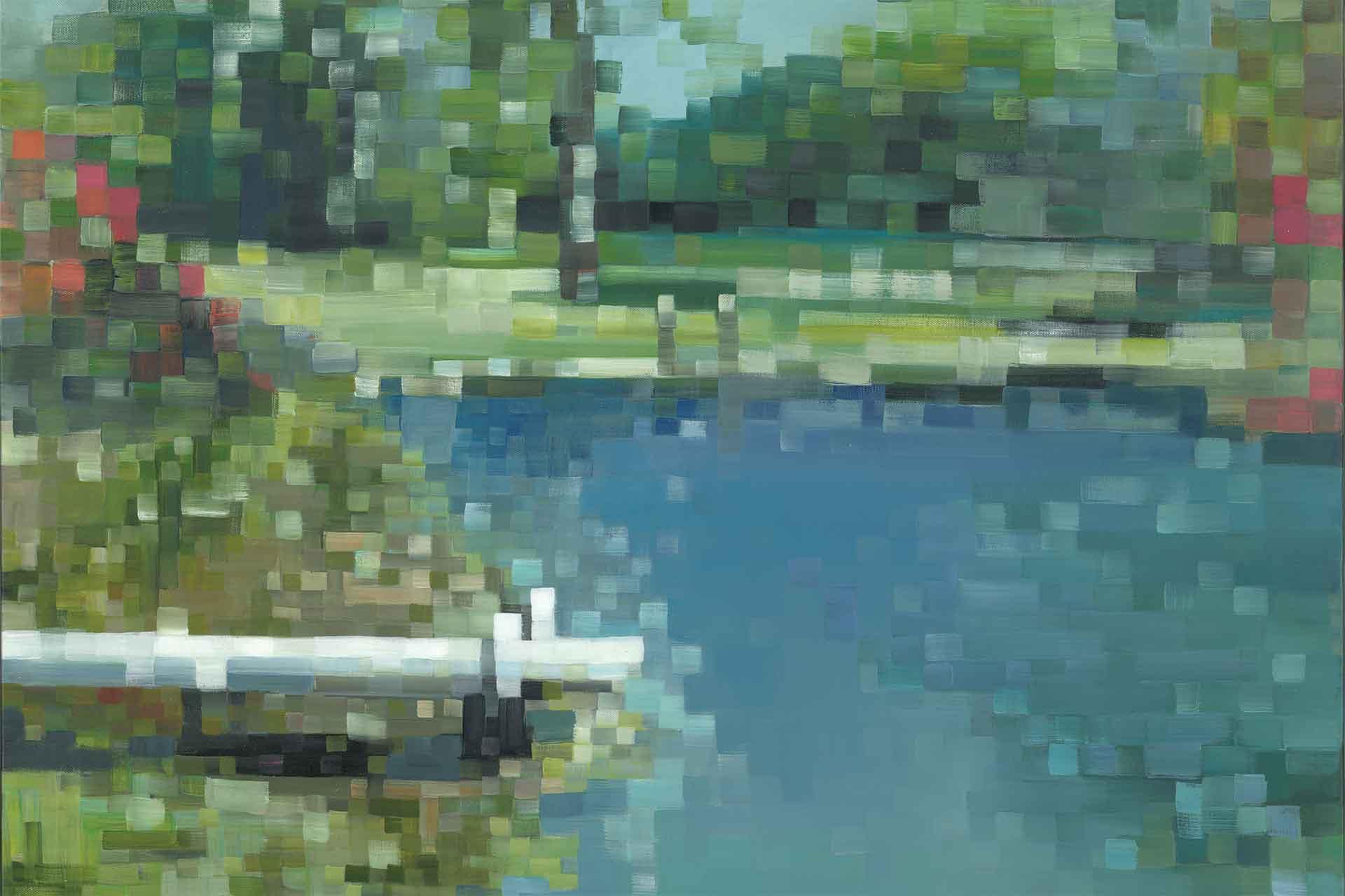 Pixelated wallpaper featuring a blue pond, green trees and shrubs, and a white dock extending from the left. Softly blended abstract colors create an impressionistic scene. Main elements: blue water, green foliage, white dock, pixel art style.