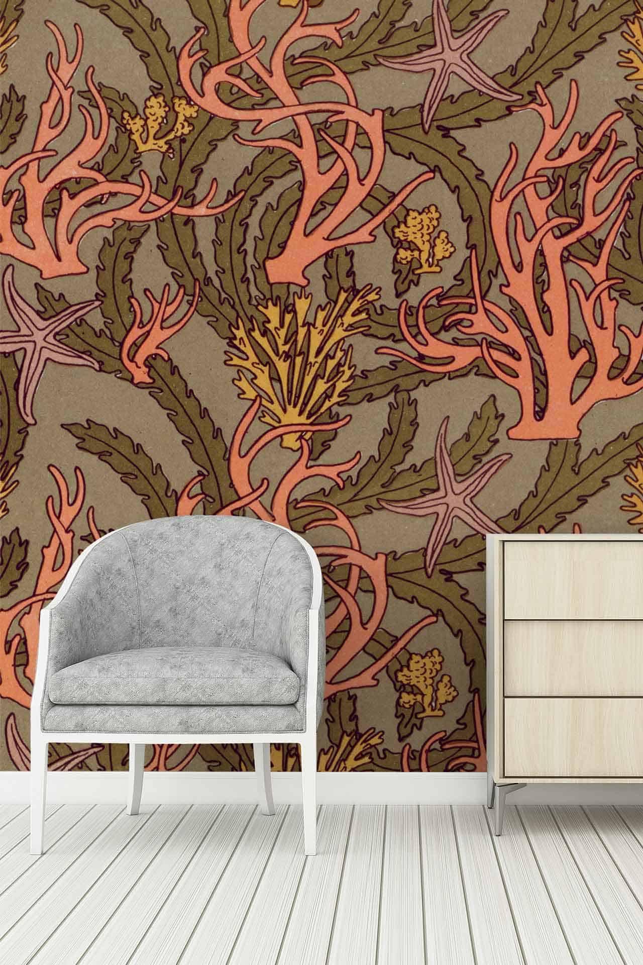 Colorful, intricate botanical-patterned wallpaper featuring leaves and coral-like designs in shades of pink, orange, and yellow.