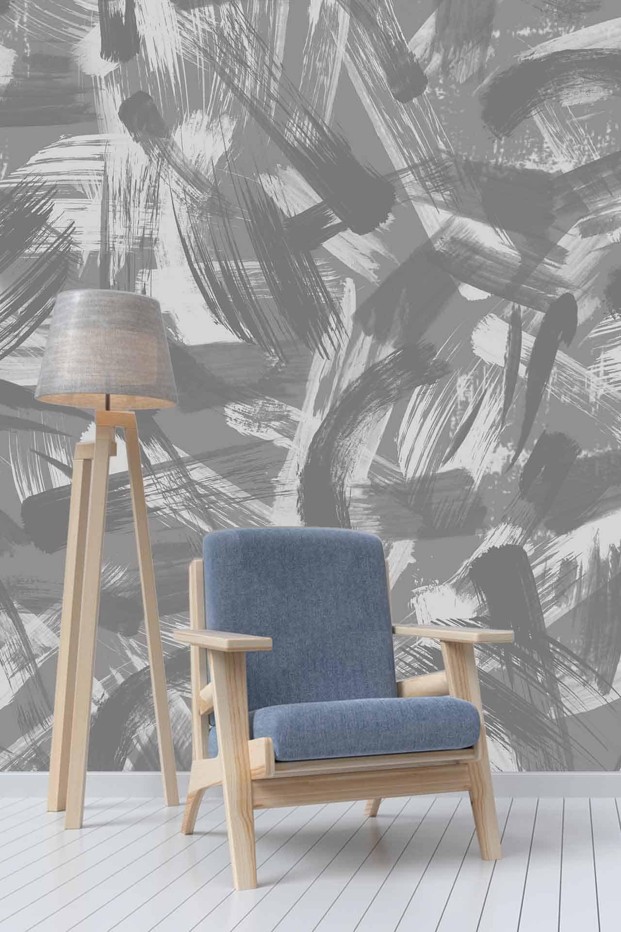 Gray and white wall with abstract brushstrokes, enhancing contemporary aesthetic.