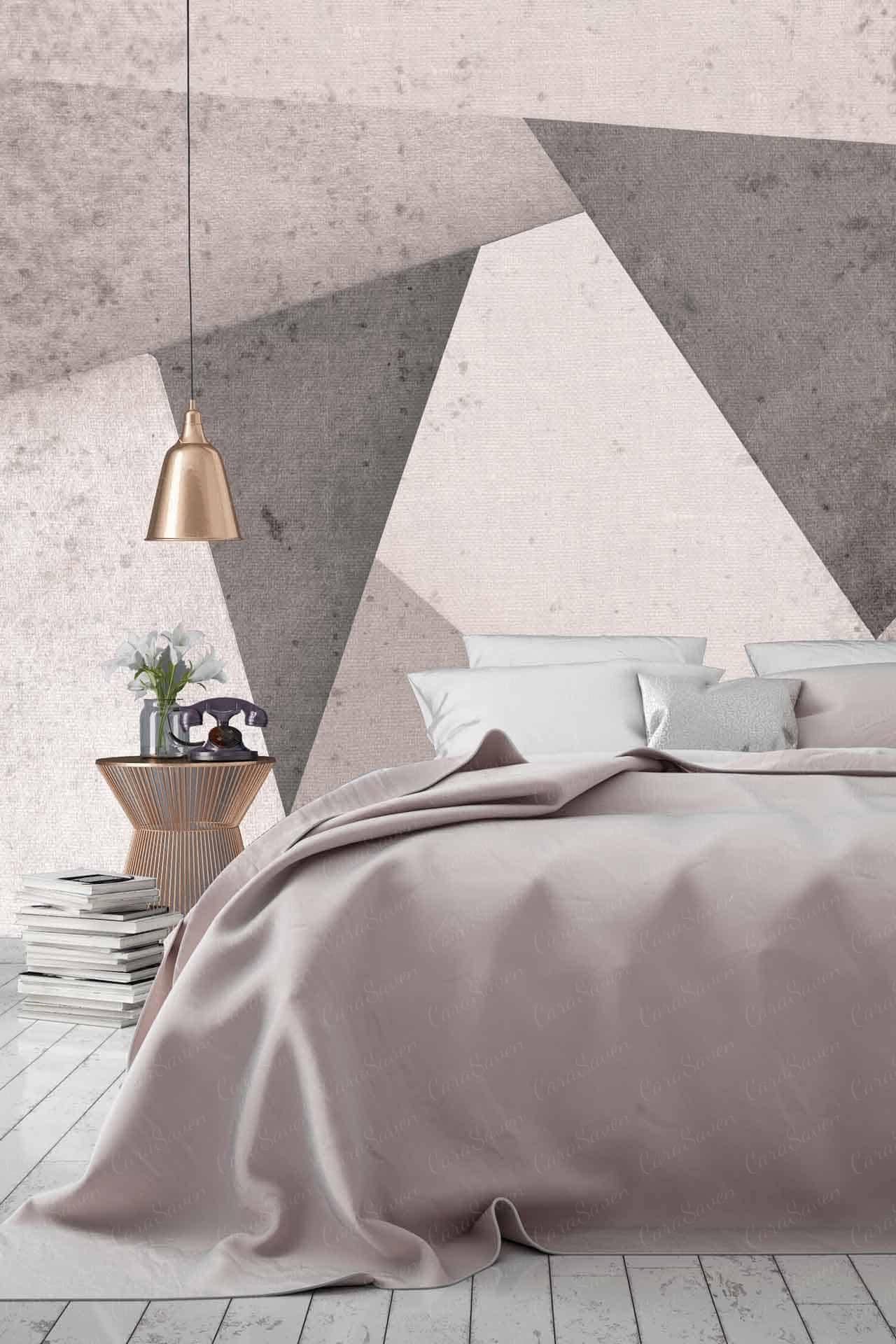 Geometric-patterned wallpaper featuring interlocking hexagons in shades of grey and white. The design creates a minimalist yet striking visual effect with clean lines and sharp angles, adding depth and dimension to the modern bedroom.