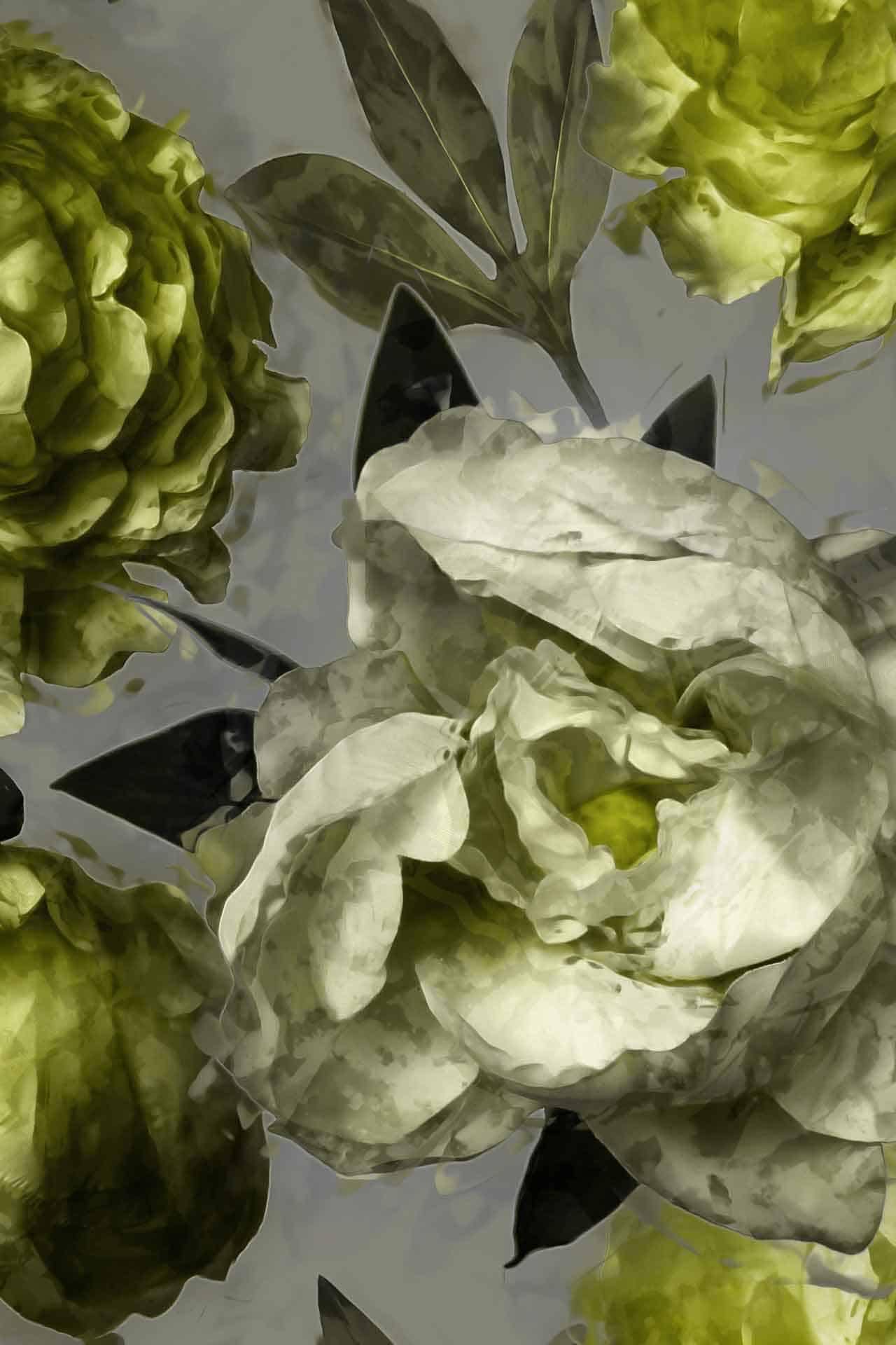 A close-up wallpaper illustration of large, textured flowers in shades of green, white, and gray. The intricately layered petals and pointed leaves create a detailed and elegant botanical design. Background is subtle and muted with hints of lime. Colors: green, white, gray, lime. Elements: large flowers, textured petals, pointed leaves, botanical design.