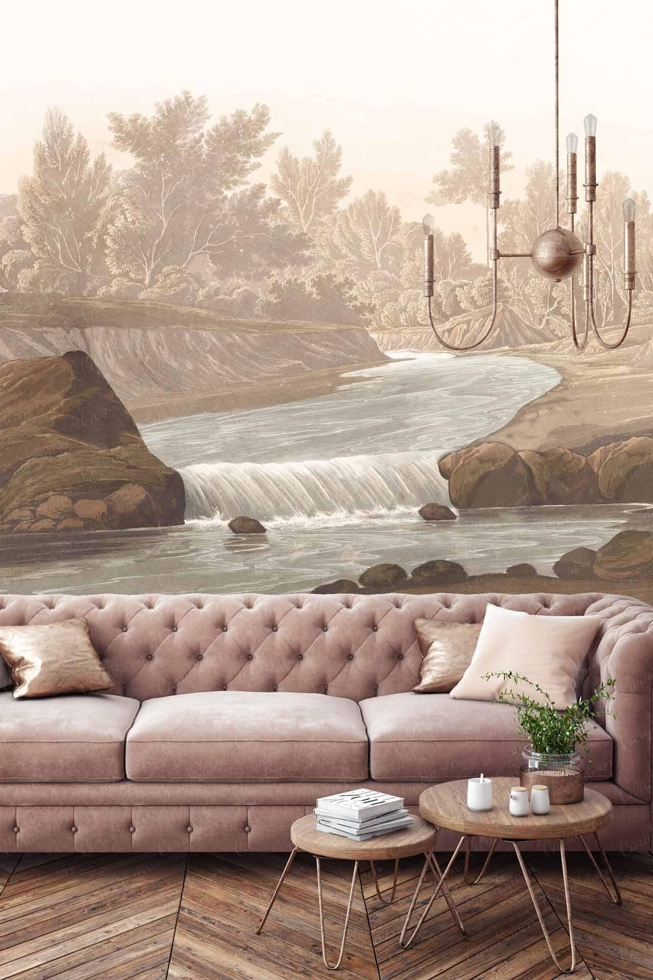 The wallpaper features a scenic mural of a river flowing through a rocky landscape, surrounded by lush trees. It incorporates calming shades of blue for the river, various greens for the foliage, earthy browns and grays for the rocks, and hints of sunlight filtering through the trees.