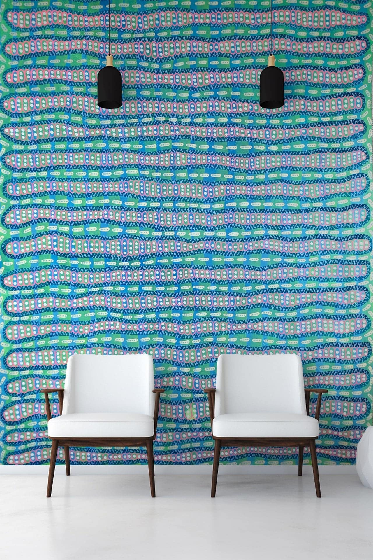 The wallpaper features a vibrant, abstract pattern in shades of blue, green, and white. It has an undulating, dynamic design with fluid shapes and lines creating a lively background. The elements include sweeping curves, swirling forms, and intertwining colors that produce a visually engaging effect.