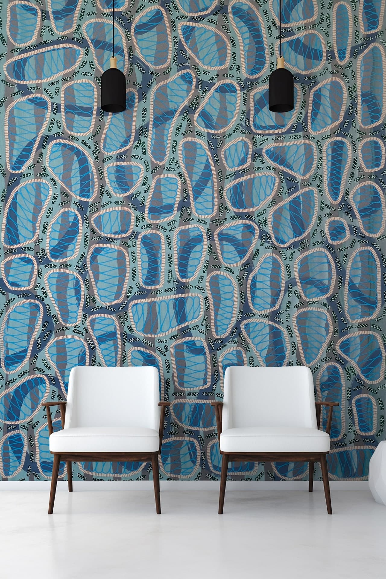 A modern living room wallpaper featuring textured, abstract patterns in blue, grey, and white.