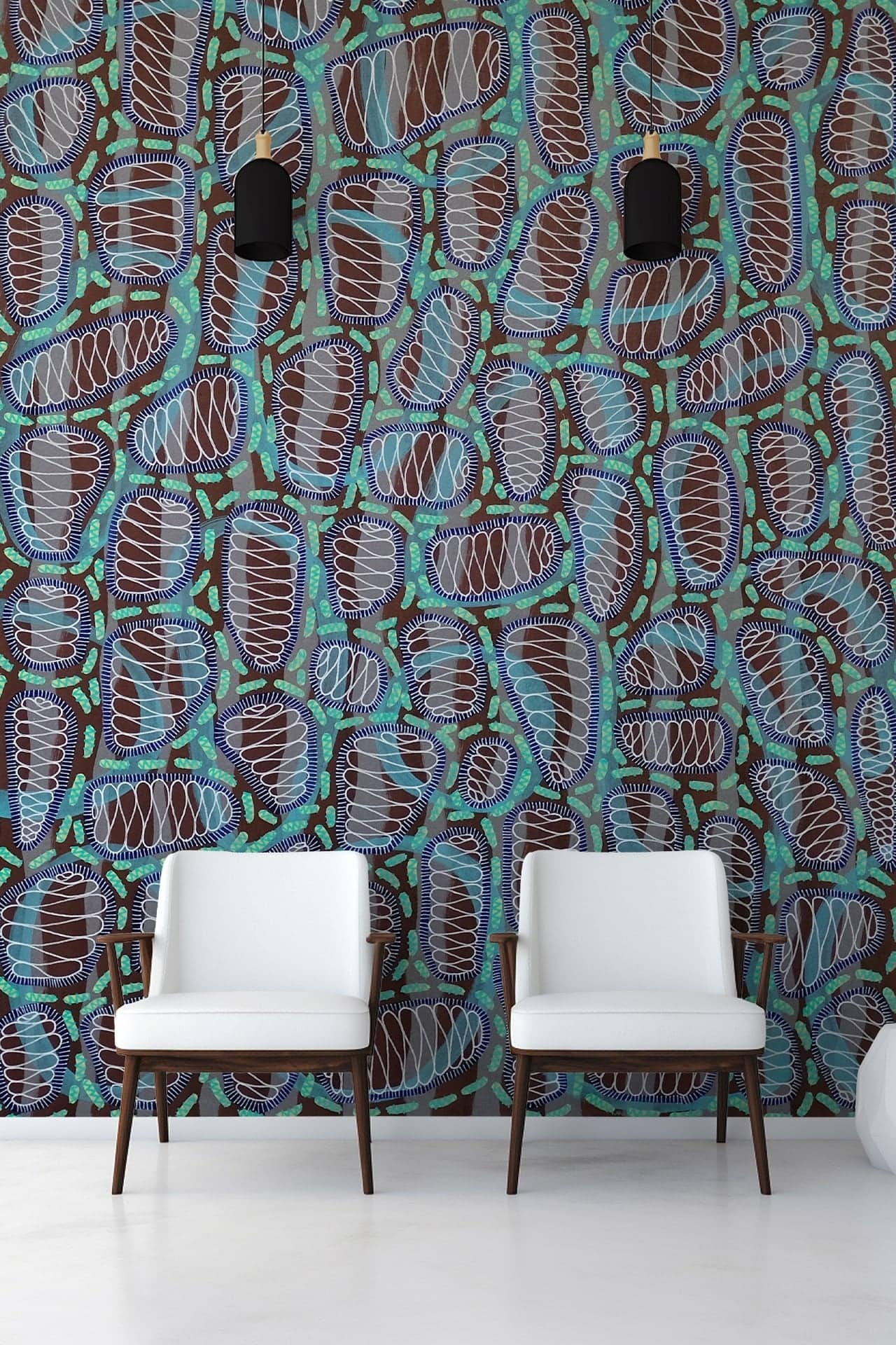 Abstract wallpaper design featuring vibrant patterns in blue, green, and brown hues.