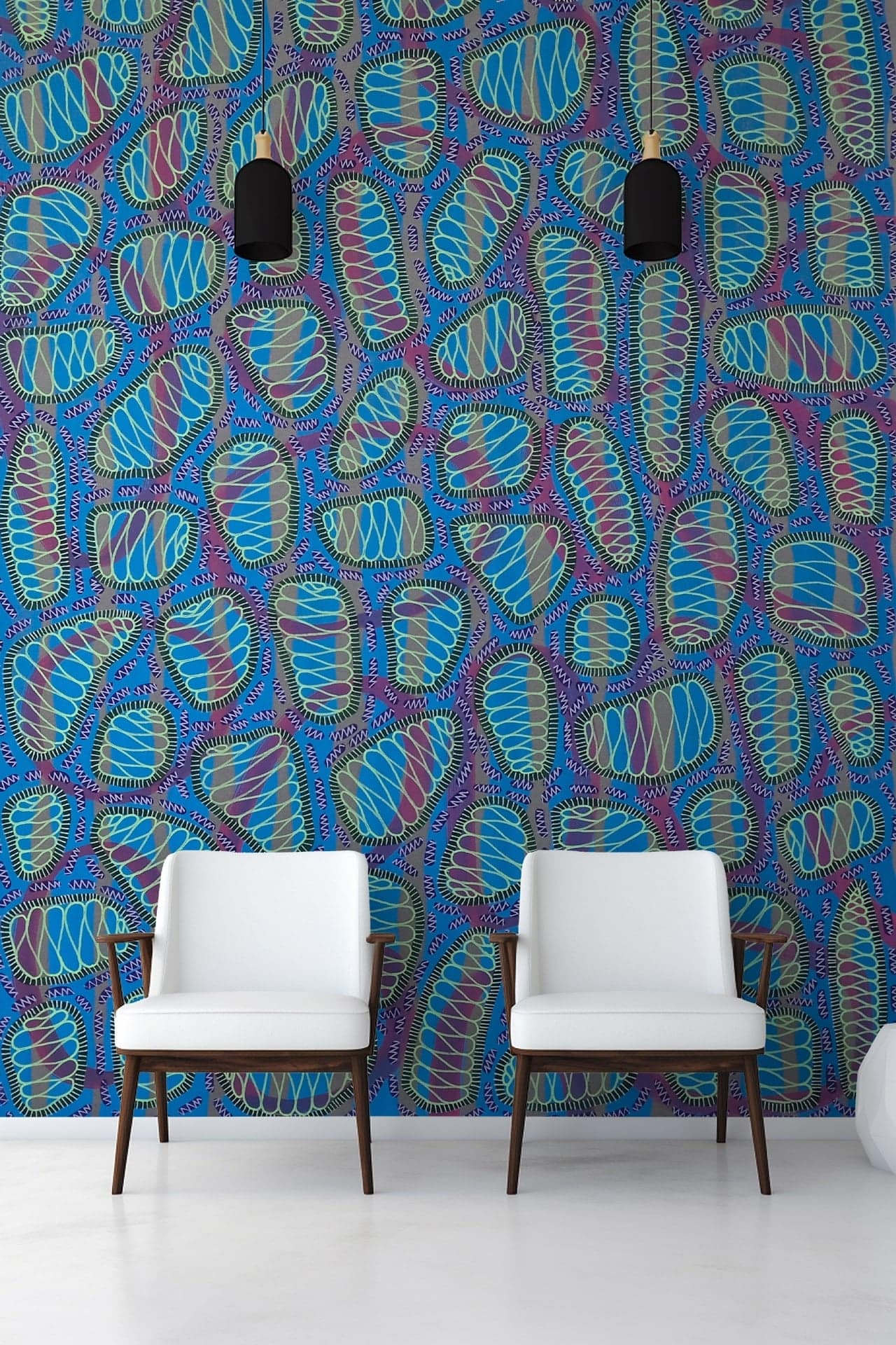 Colorful, abstract patterns; striking blue wall; vibrant hues of red, yellow, green, and white; geometric shapes.