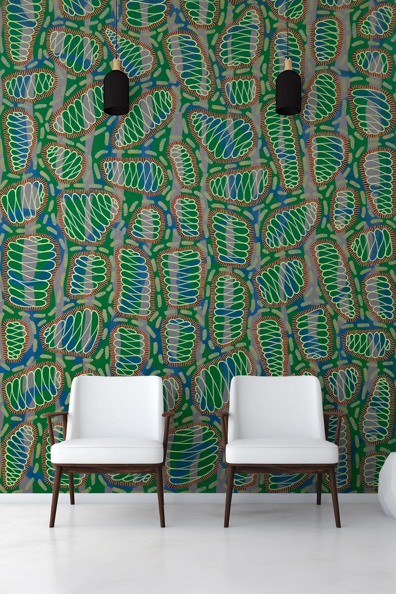 Abstract wallpaper with green, blue, and brown patterns.