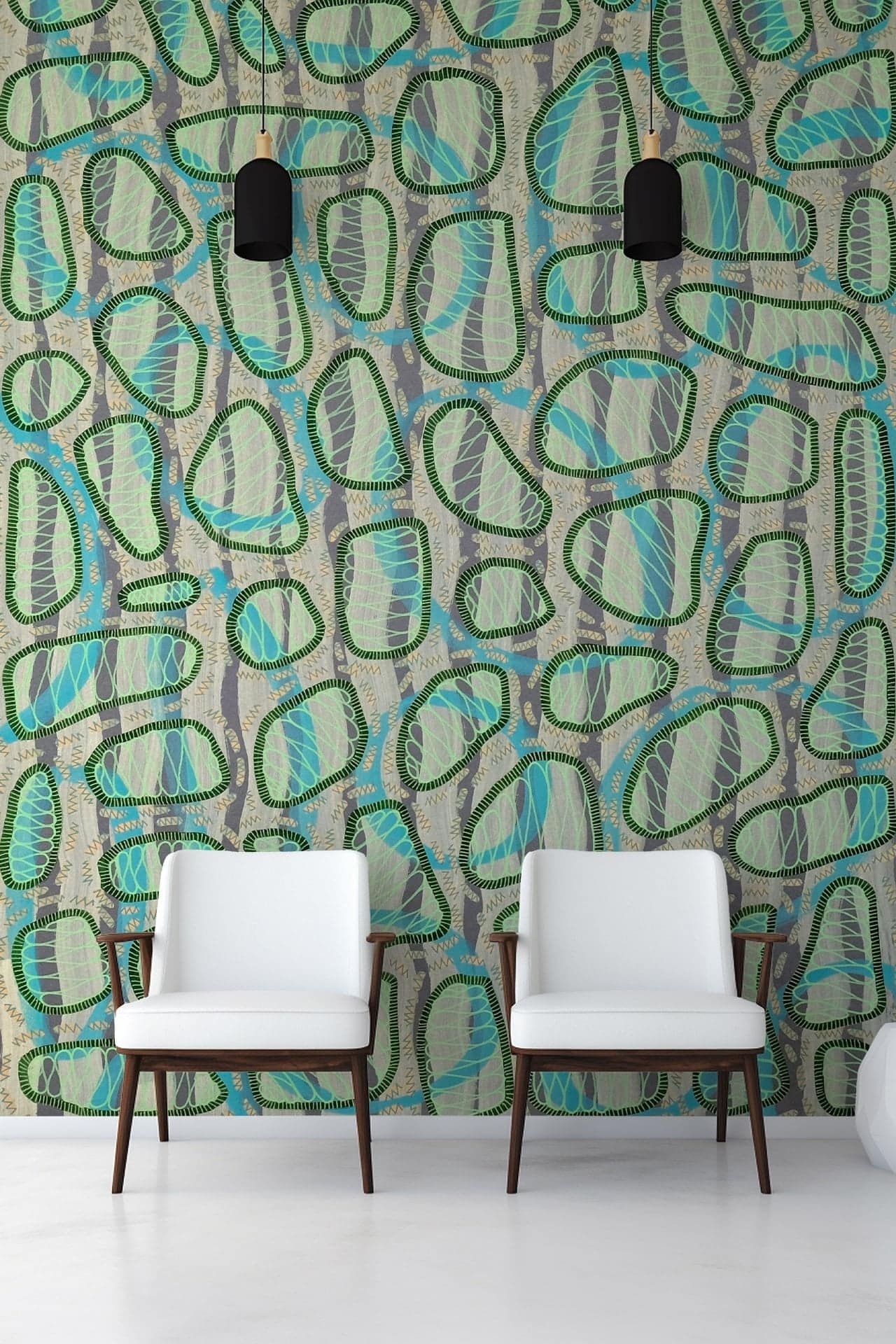 The wallpaper showcases a dynamic pattern featuring green and turquoise organic shapes outlined in black. It's vibrant and abstract, perfect for adding a splash of color and modernity to any room.