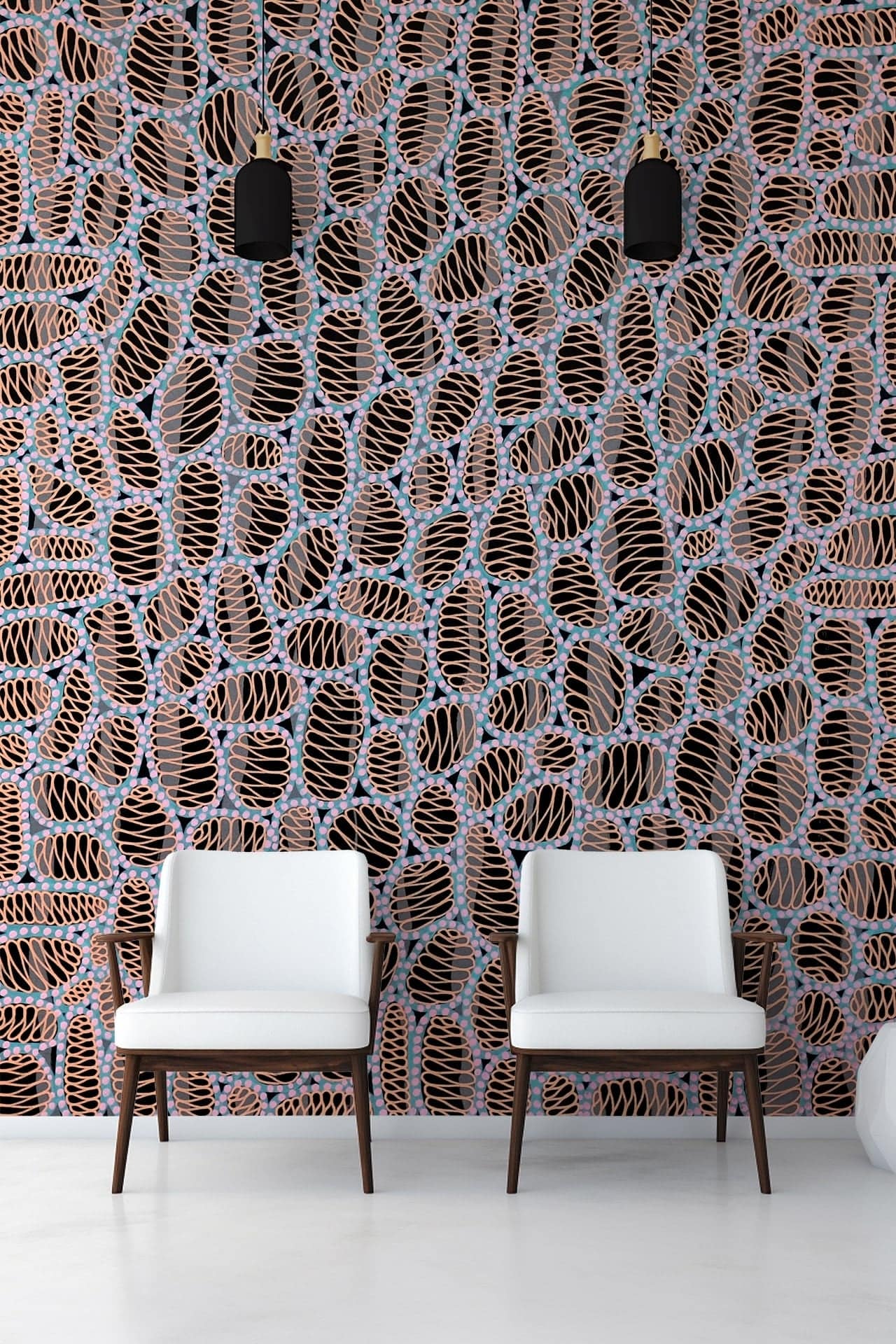 Intricate, abstract pattern wallpaper with black, brown, and blue shapes.