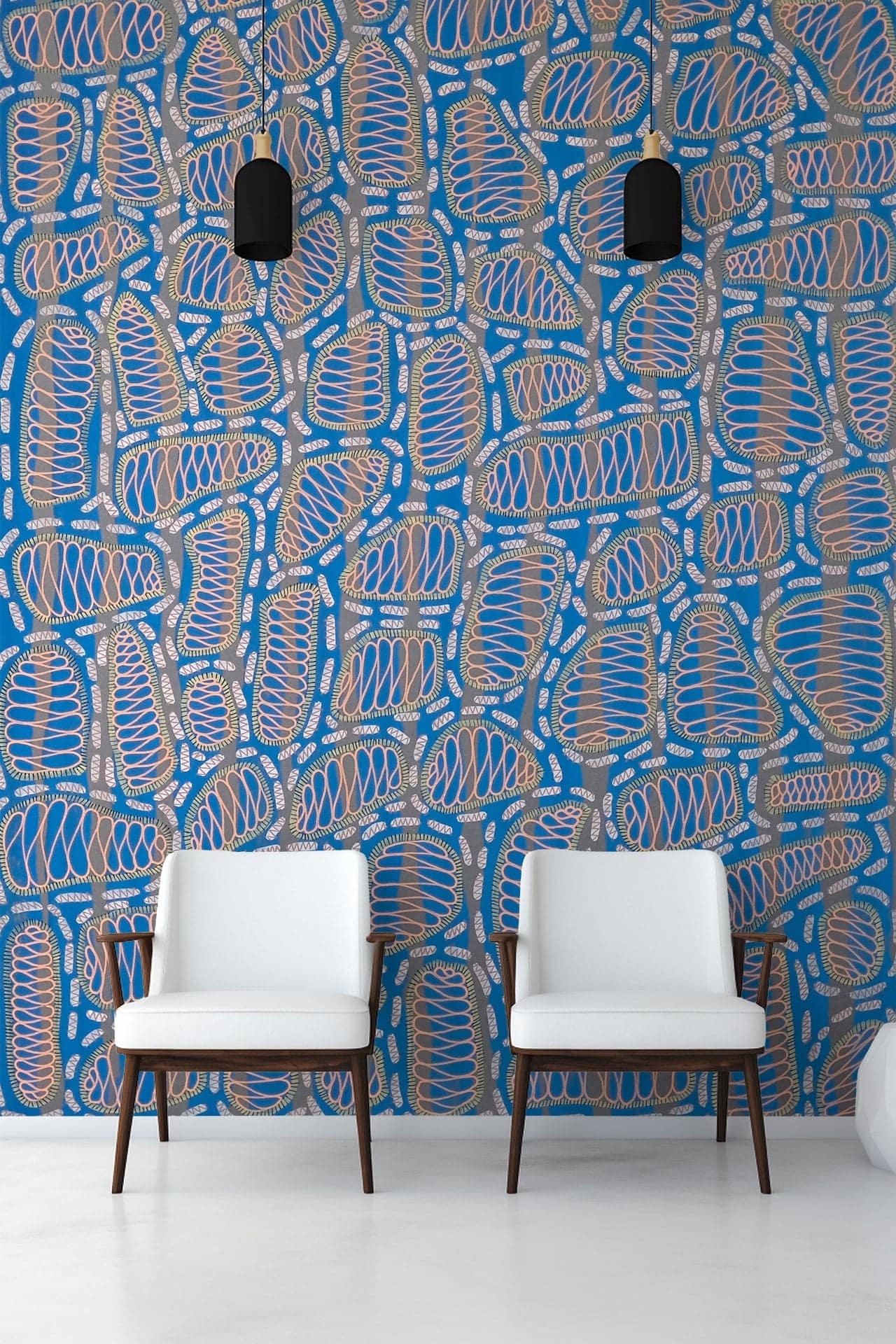 The wallpaper is a vibrant blue with an intricate, abstract pattern. The design incorporates various elements such as swirling lines, geometric shapes, and interlocking forms in shades of white, silver, and darker blues.
