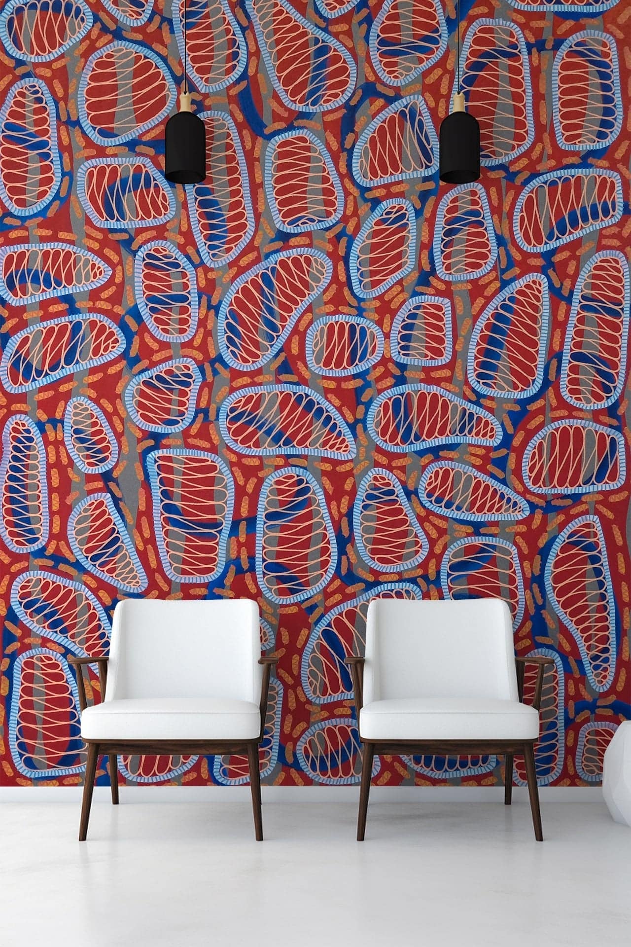 Brightly colored abstract wall mural with red, blue, and yellow patterns.