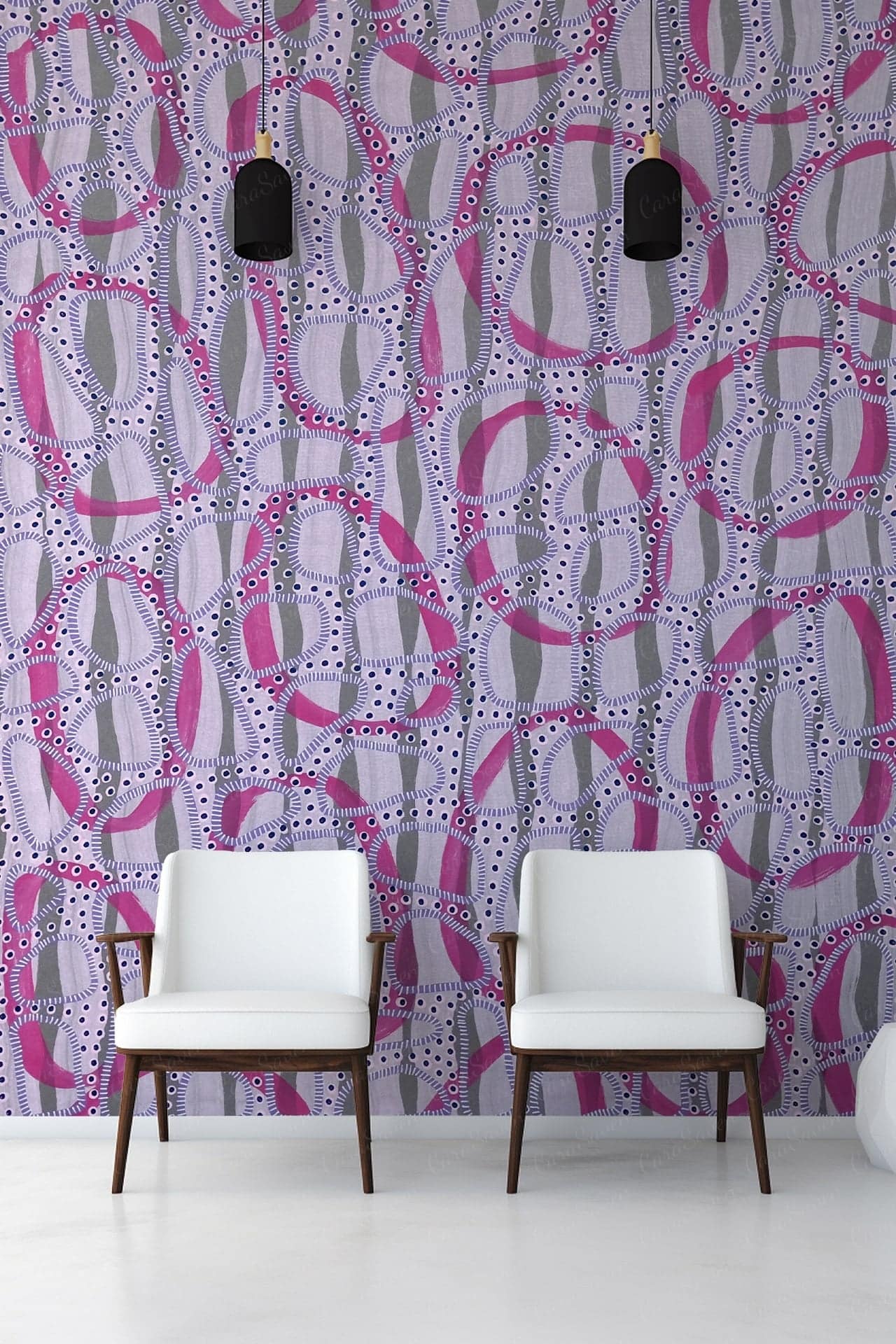 Vibrant abstract wall tapestry with interlocking geometric shapes in pink, gray, and black. Features dotted patterns.
