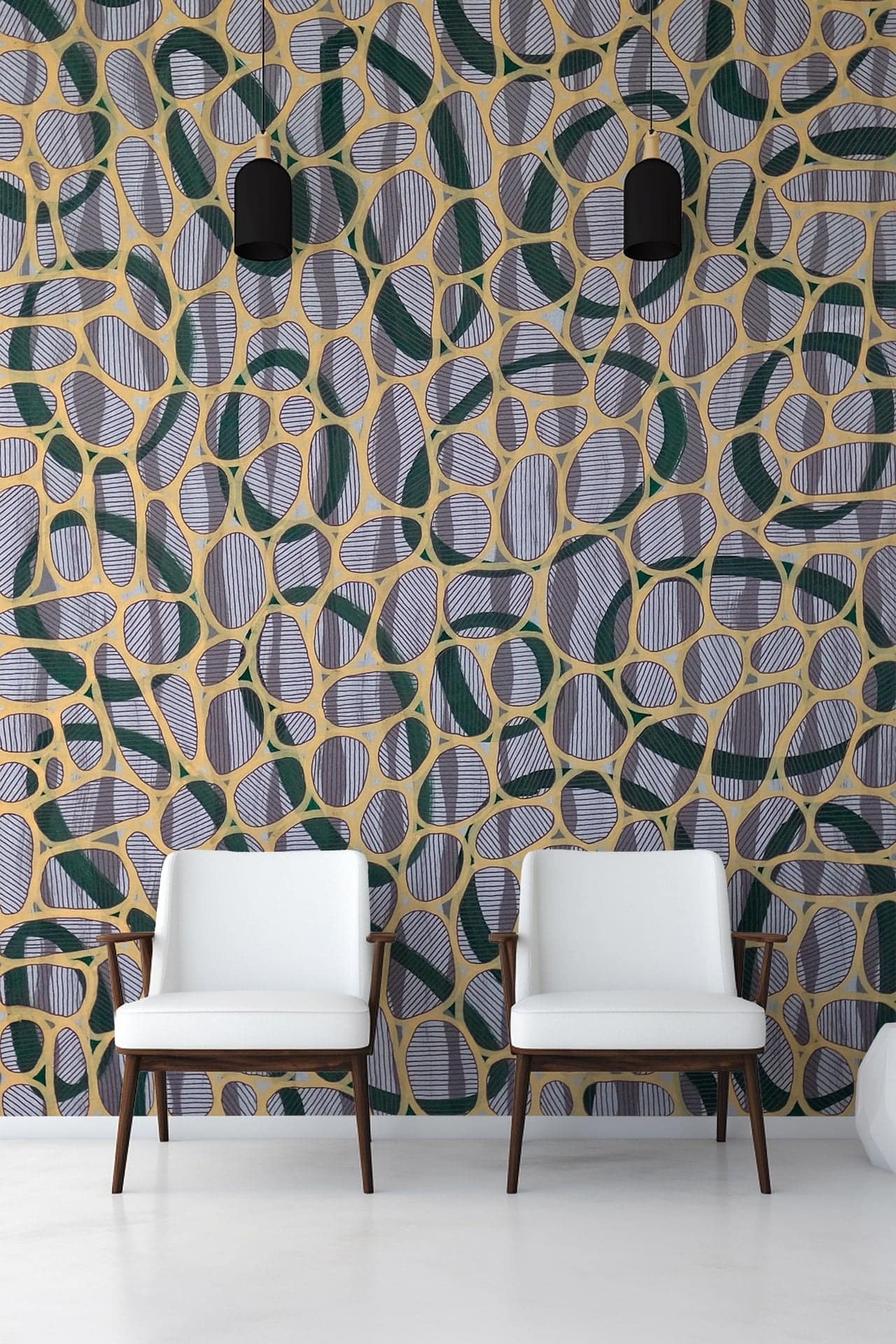 Colorful geometric-patterned wallpaper, interconnected oblong shapes, green, gold, black.