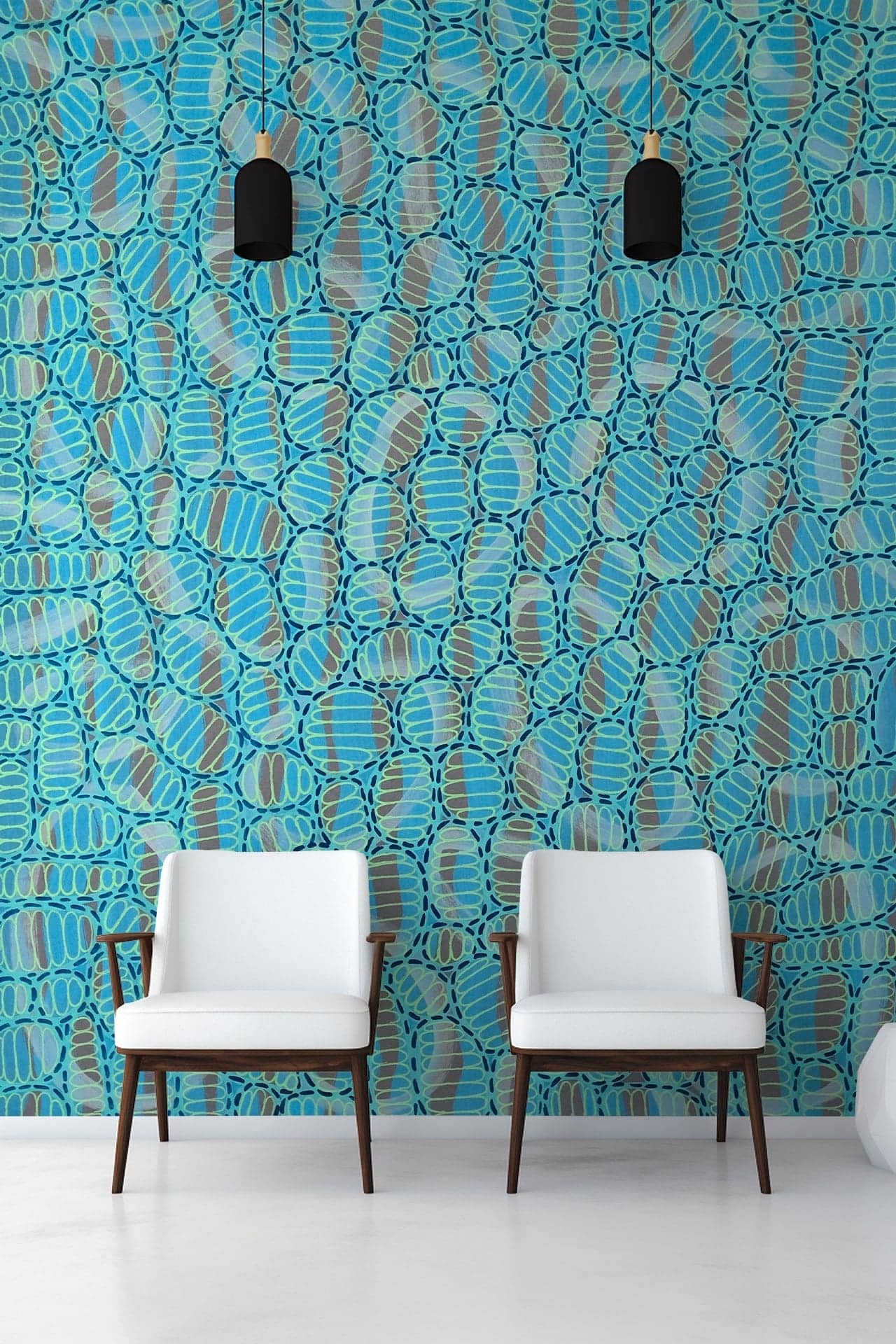 Bright, geometric teal and blue patterned wallpaper.