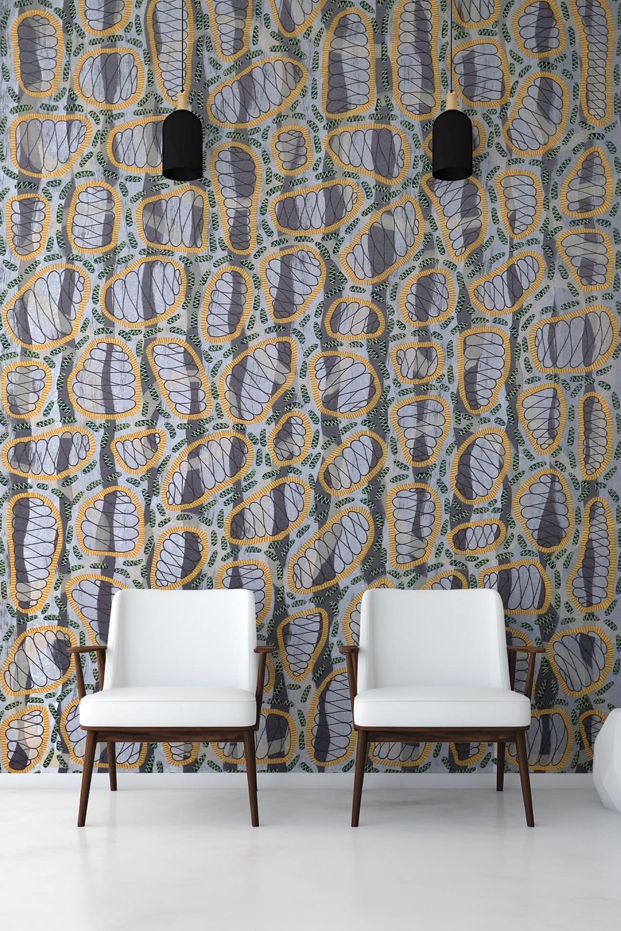 A modern interior features a wall with a colorful abstract pattern consisting of blue, gray, and yellow irregular shapes. This wallpaper stands out with its dynamic combination of colors and abstract elements, making it an eye-catching design choice.