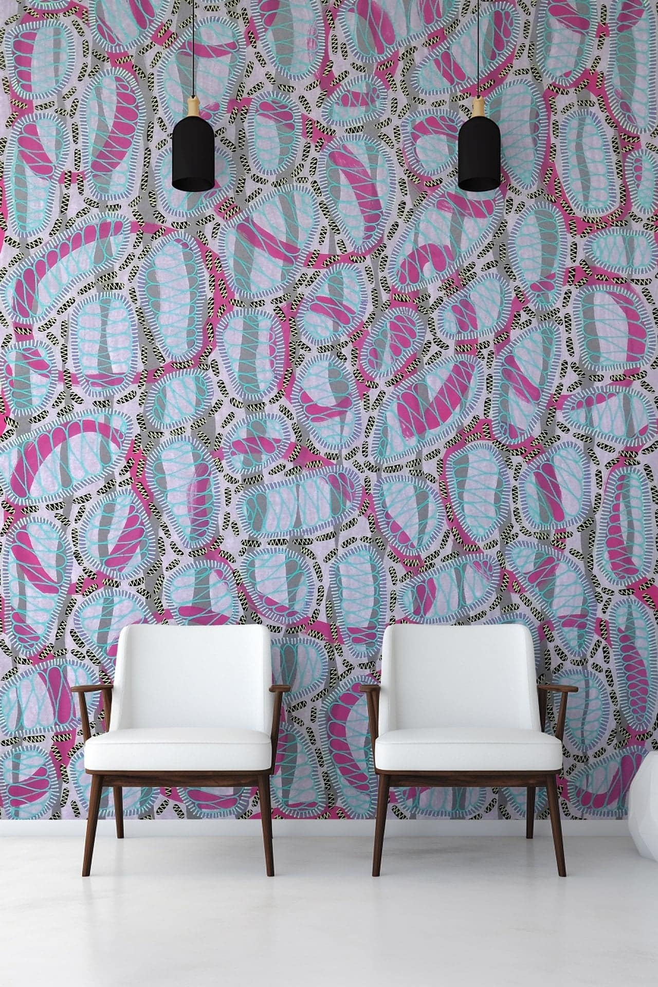 Brightly patterned wallpaper featuring swirling blue, pink, and white designs with dotted black accents.