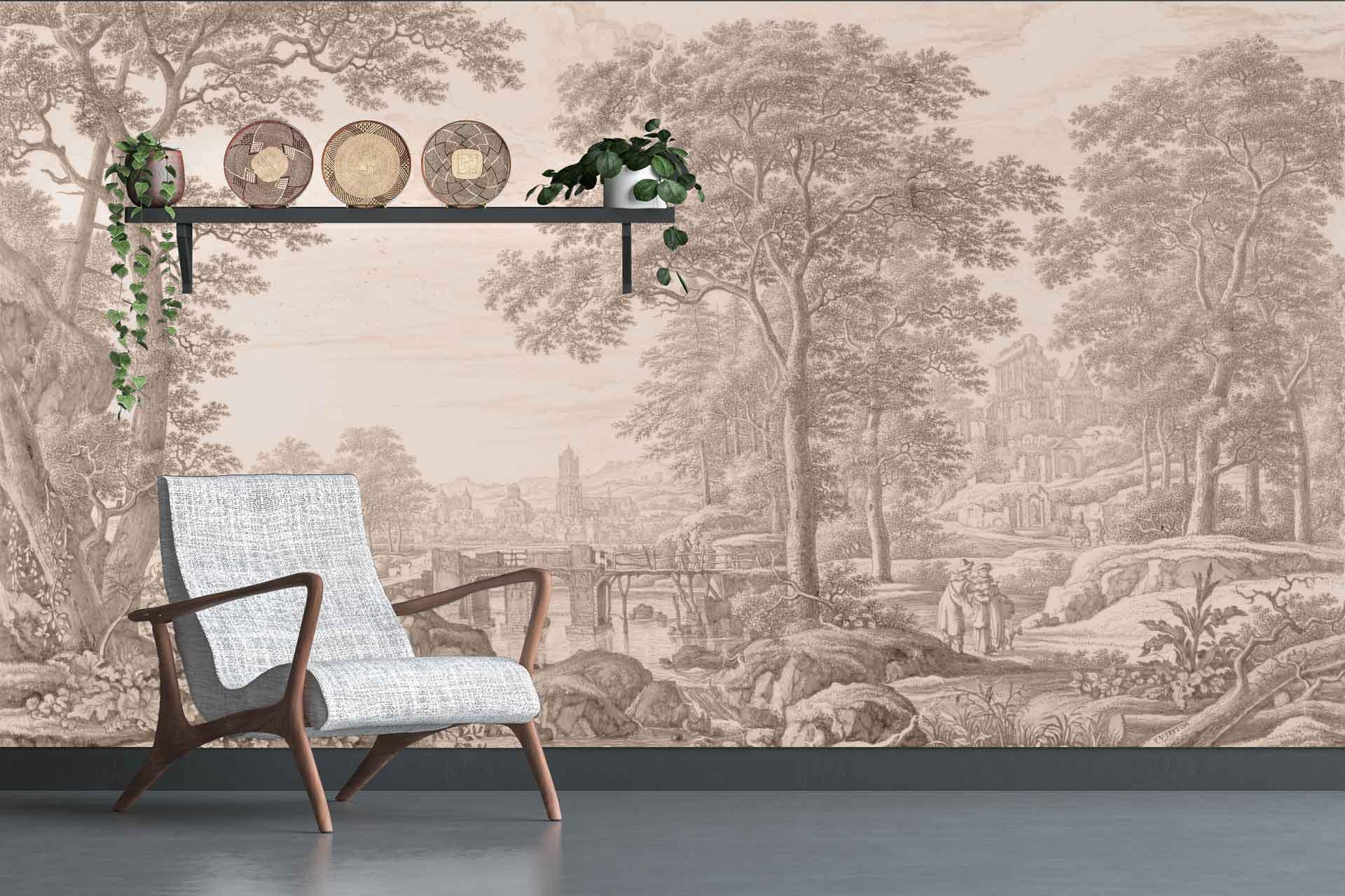 Grayscale landscape wallpaper with trees, hills, and a bridge.