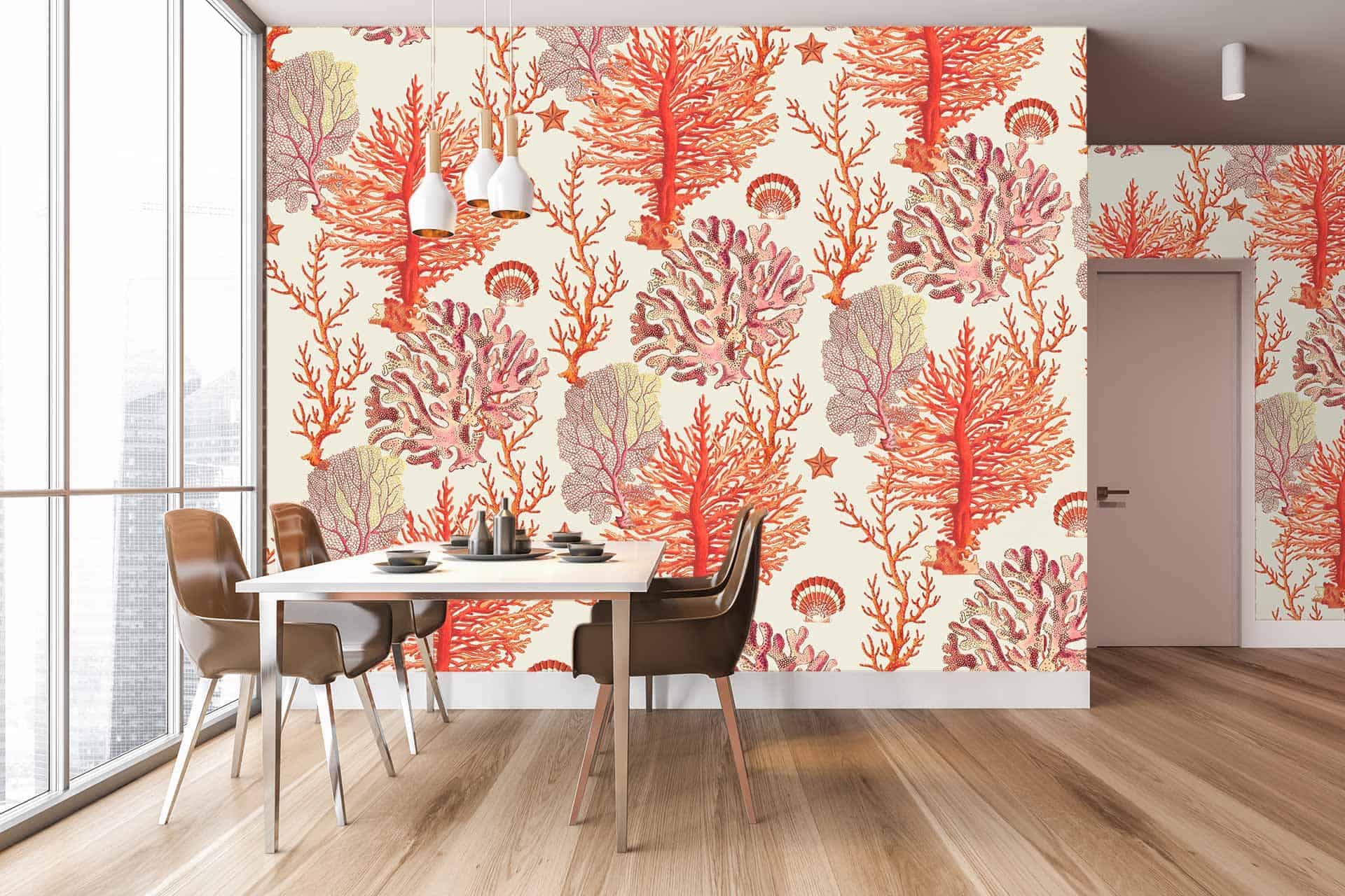The vibrant wallpaper in the modern dining area showcases a coral reef-patterned design with intricate elements of marine life. Dominated by shades of red, pink, and yellow, it features various corals, anemones, and underwater flora, creating a lively and colorful backdrop.