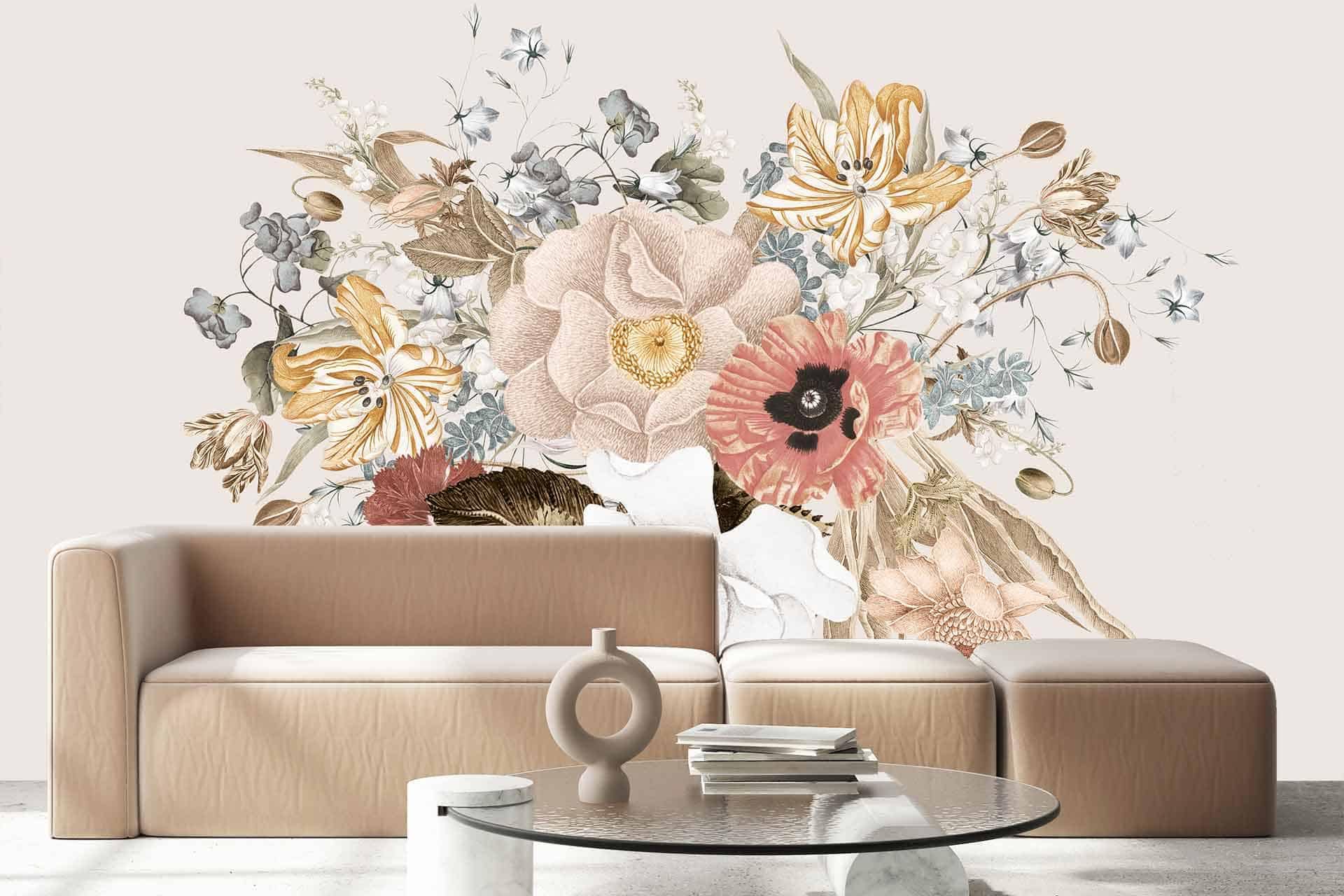 A large, detailed mural features various flowers in neutral tones. It prominently displays a large pink rose and yellow lilies among other delicate blossoms. The wallpaper's color palette includes pink, yellow, beige, and soft greens.