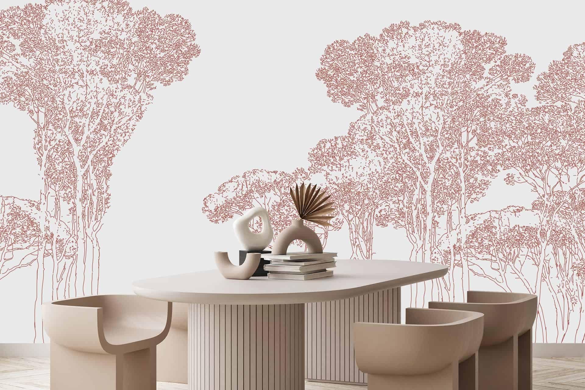 Intricate tree-like artwork on a white wall, featuring delicate branches in light brown. Sophisticated and serene.
