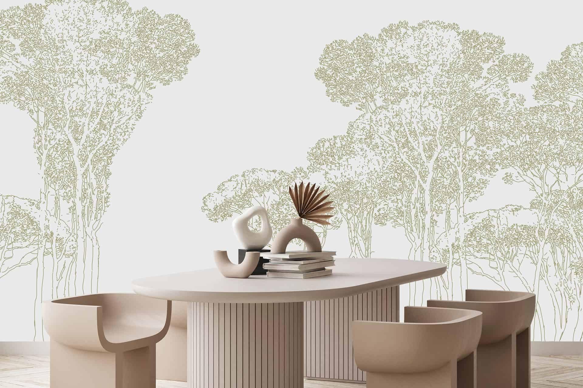 The wallpaper features intricate tree designs in a subtle, light green hue. The large, detailed patterns of the trees create a serene and natural backdrop, blending shades of pale mint and soft sage.