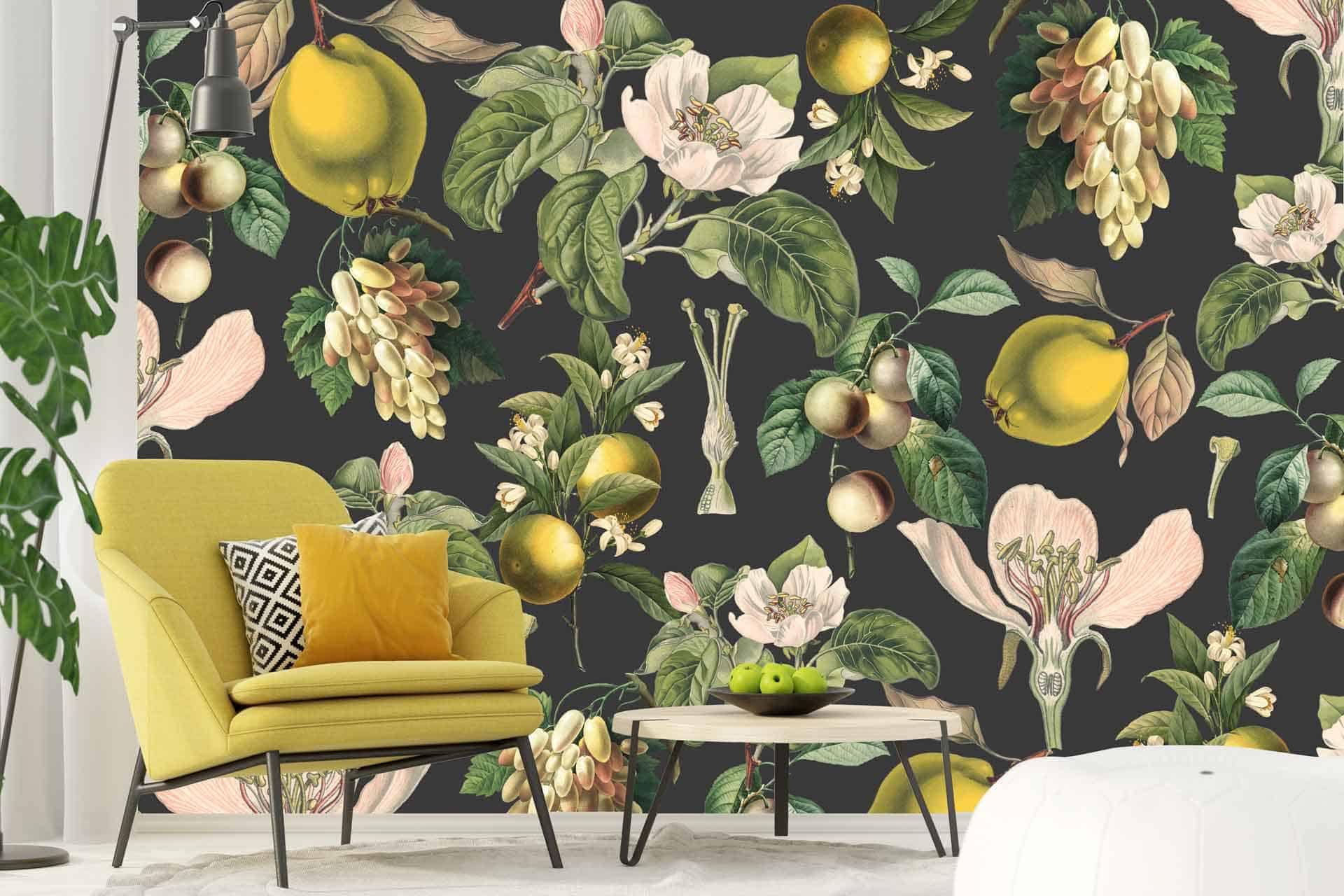 The "After the Rain" wallpaper features bold, floral and fruit-themed patterns including lemons, grapes, and blossoms on a dark background. The design incorporates vibrant yellows, deep purples, rich greens, and contrasting black.