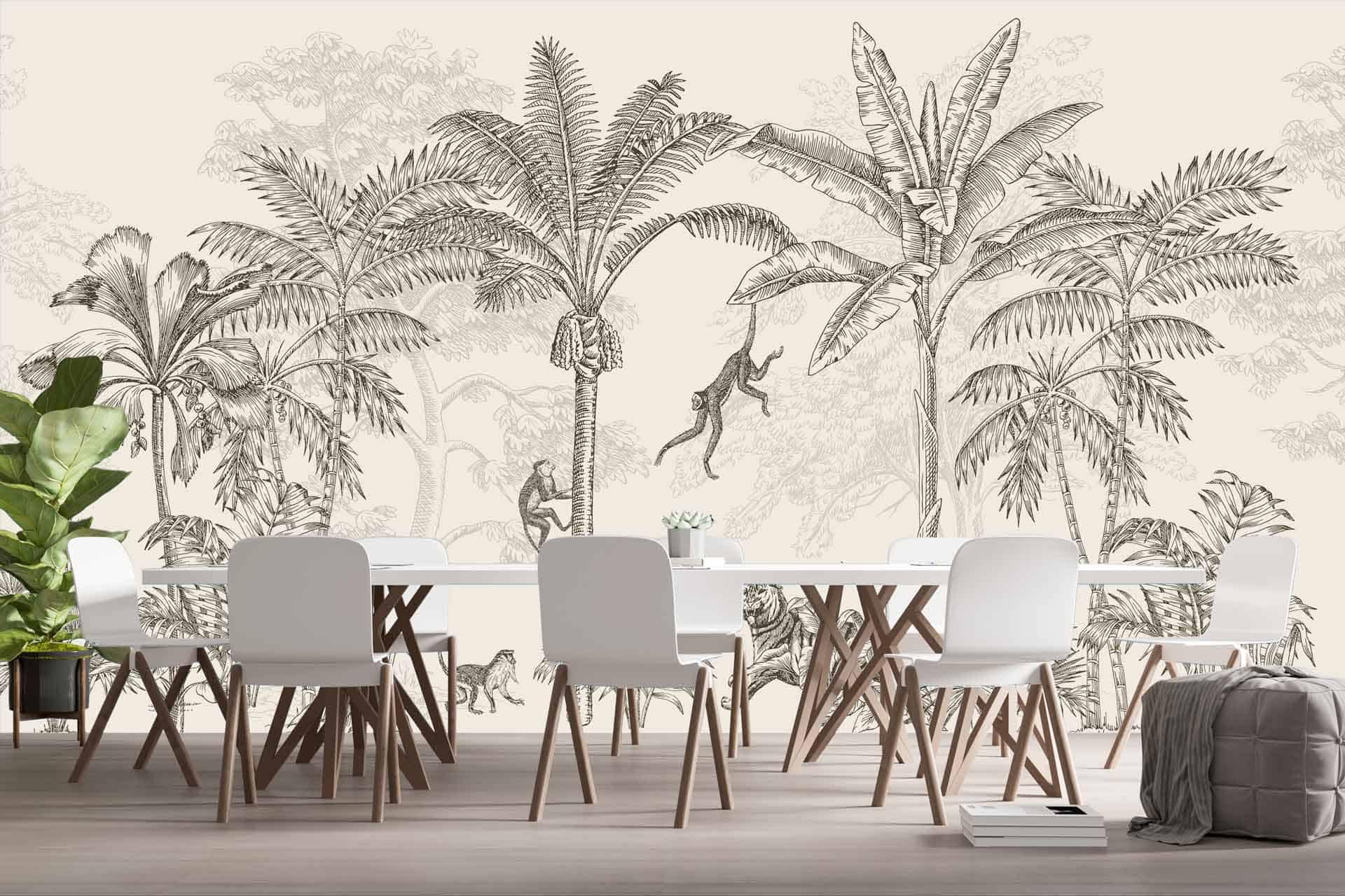 The wallpaper in the conference room features a detailed black-and-white mural showcasing tropical palm trees and monkeys. The elements include intricate palm fronds, tree trunks, and playful monkeys. Dominant colors are black and white, creating a monochromatic yet lively scene with various shades of gray to highlight the details.