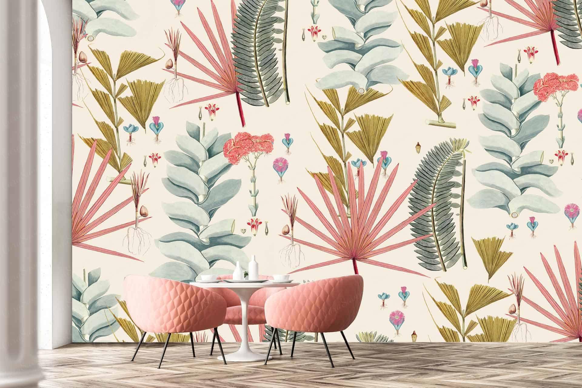 Bold botanical wallpaper with lush green leaves, pink flowers, and gold accents.