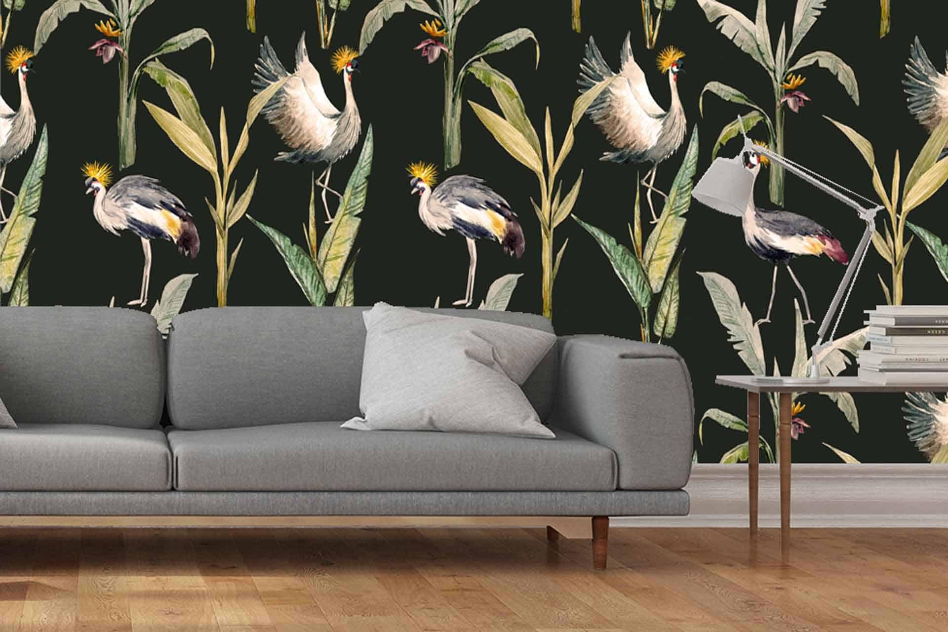 Bold wallpaper with tropical theme, storks, banana leaves, yellow flowers, dark green background.