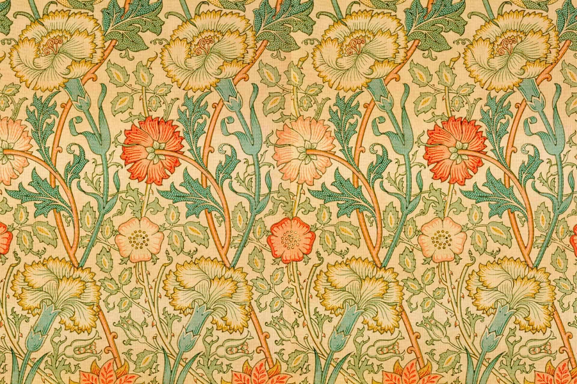 Vintage floral wallpaper, Swiss Cottage-inspired, large flowers with orange, red, white petals, green leaves and stems, light beige background, repetitive ornate pattern, classic antique aesthetic.