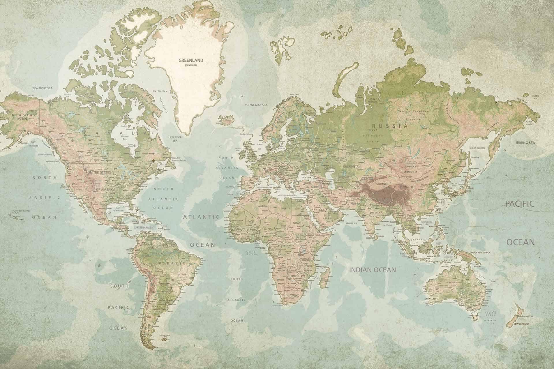 A vintage world map wallpaper featuring earthy tones and sepia hues. Distinctly labeled continents, countries, and major bodies of water. Elements include the Pacific Ocean, Atlantic Ocean, Indian Ocean, Arctic Ocean in classic typography. Marked landmasses like Greenland and Russia stand out with detailed borders. Aged parchment texture enhances the antique feel.