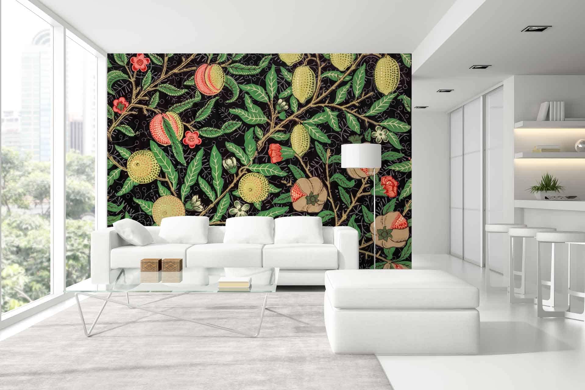 The wallpaper is a vibrant nature-themed mural lush with green leaves, various fruits, and colorful flowers. It bursts with rich hues of greens, reds, yellows, and purples. The intricate design features botanical elements that create a lively and refreshing ambiance.