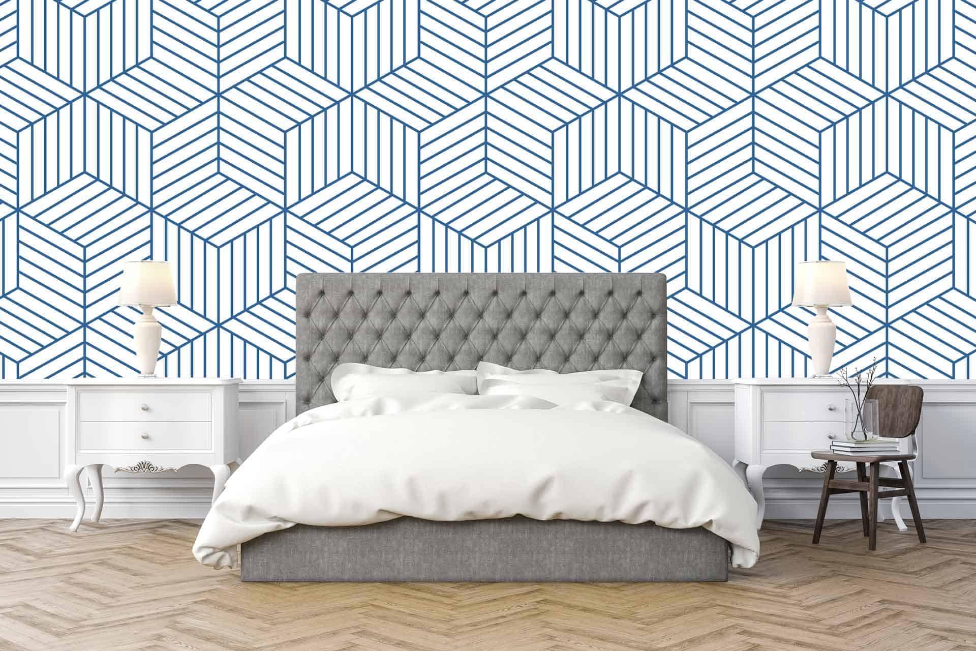 The wallpaper features a bold geometric pattern in blue and white colors.