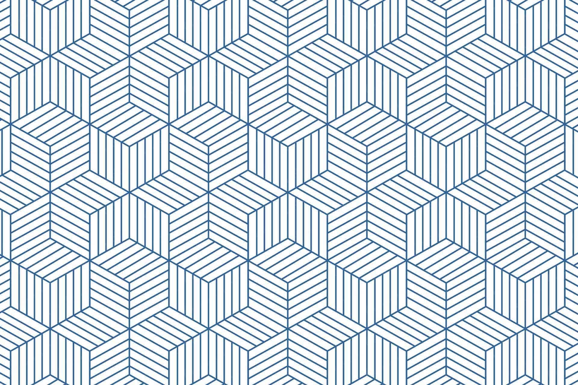 A seamless geometric wallpaper featuring blue hexagons and cubes formed by diagonal lines. The pattern creates a three-dimensional, optical illusion effect on a white background. Perfect for adding a poly touch to your Wednesday decor. Colors include shades of blue and white.