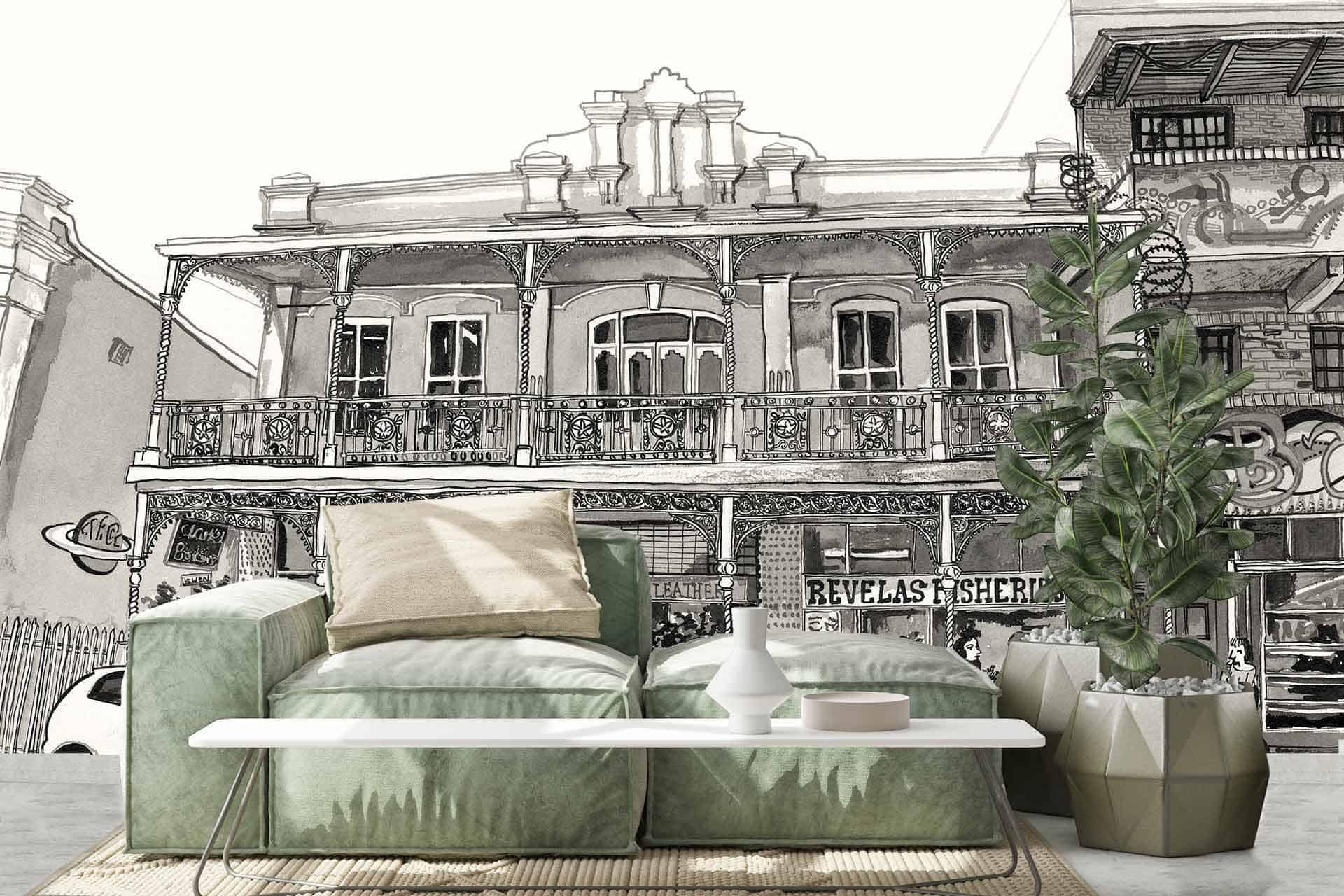 The wallpaper features a detailed sketch of a vintage building, reminiscent of Clarkes Bookshop. The drawing is intricate, showcasing architectural lines and elements in shades of black and grey.